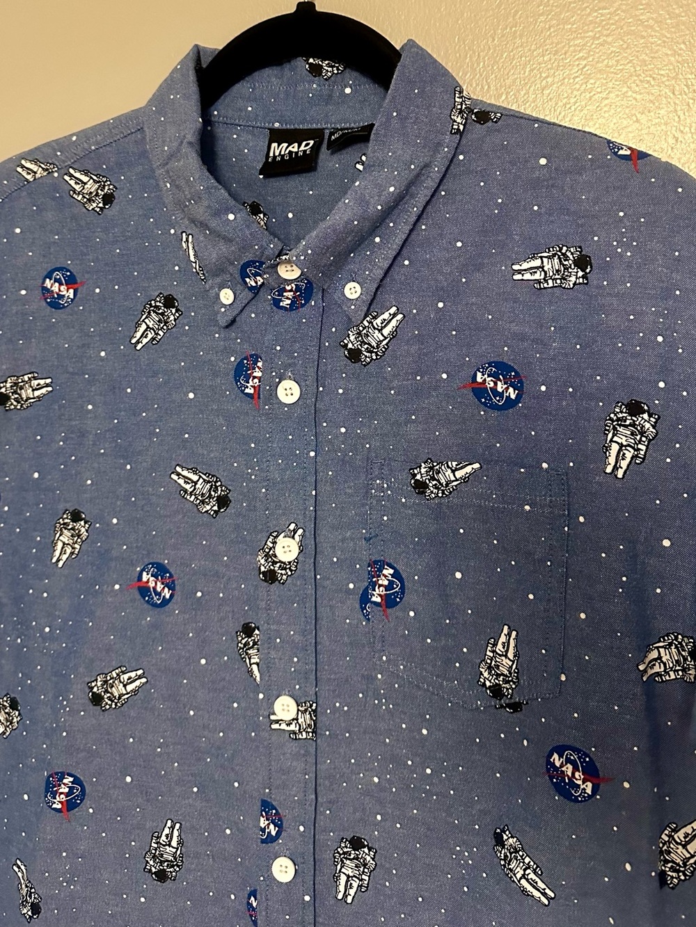 MAD Engine Men's Blue NASA Print Button-Down Shirt Astronaut Medium